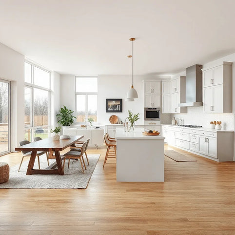 Bright open concept kitchen with a central island seamlessly connected to the living and dining area