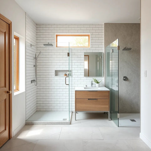 Modern bathroom renovation with new shower tile, frameless glass panel, and updated vanity fixtures