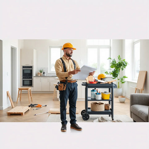 Contractor reviewing remodeling plans in a bright home with neatly organized tools in the background