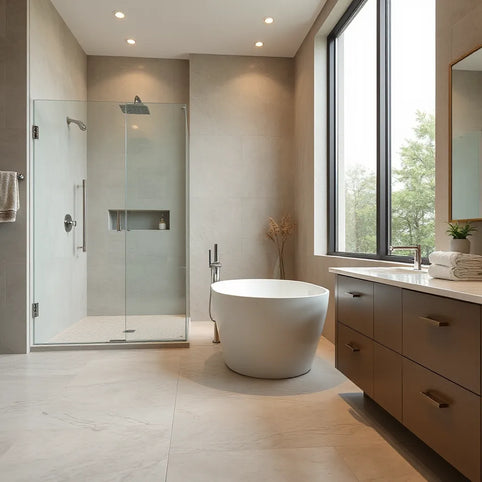 Modern spa bathroom with a soaking tub, rainfall shower, warm lighting, and a sleek vanity
