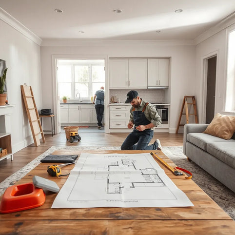 Contractor reviewing renovation plans in a modern home remodeling workspace