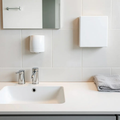 Modern bathroom fixtures arranged on a clean countertop with matching faucet and shower hardware