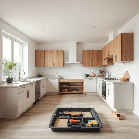 Partially renovated modern kitchen with new countertops, cabinets, and a kitchen island
