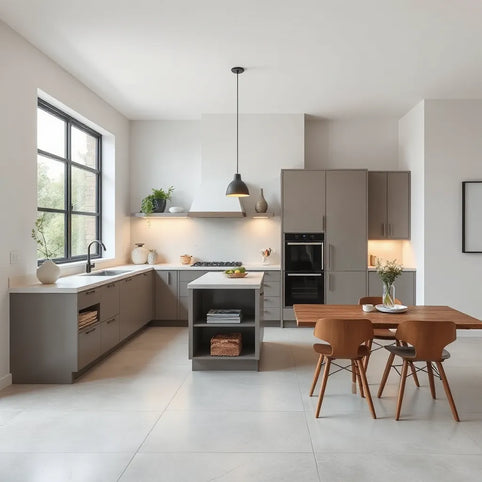 Bright modern kitchen with L-shaped counters, a seating island, and open storage for smart workflow