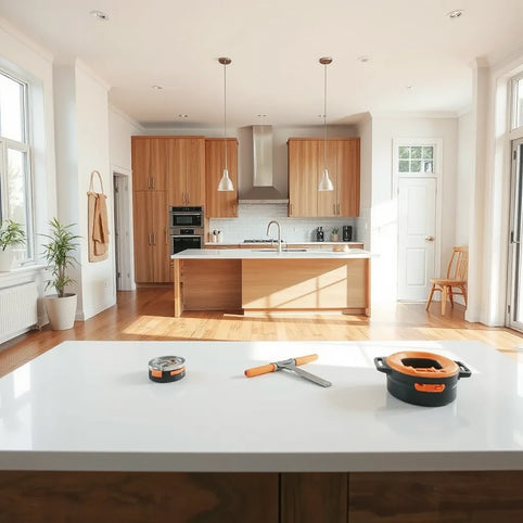 Bright modern living room with high-end renovation details, clean finishes, and neatly arranged contractor tools.