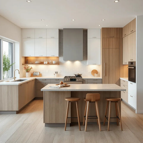 Bright modern kitchen with sleek cabinetry, island seating, and integrated appliances