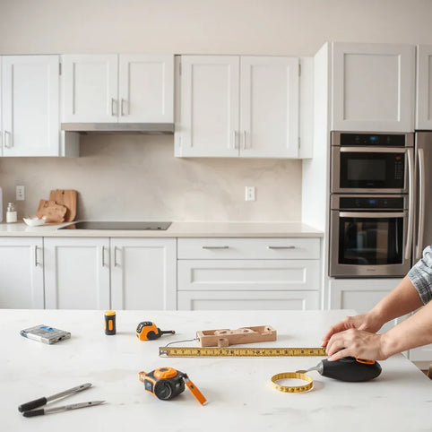 Technician installing kitchen cabinet hardware during a countertop and cabinet installation