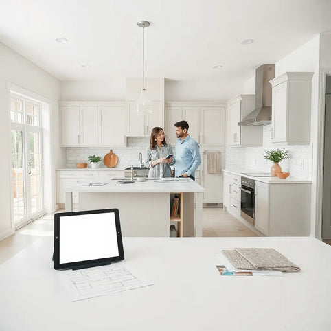 Designer and homeowner review remodeling plans in a bright modern kitchen with samples on the countertop.