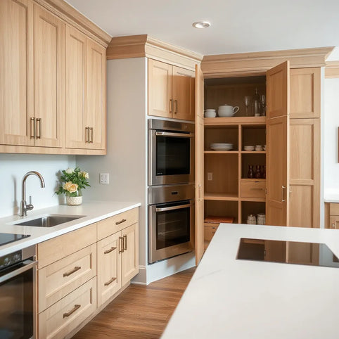 Modern kitchen cabinetry with pull-out drawers and organized storage in warm wood tones