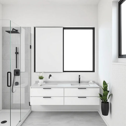 Bright modern bathroom with a sleek vanity, frameless shower, and clean neutral finishes