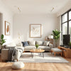 Bright modern living room with neutral furnishings, warm lighting, and elegant decor