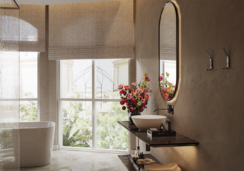 a bath room with a sink a mirror and a bath tub