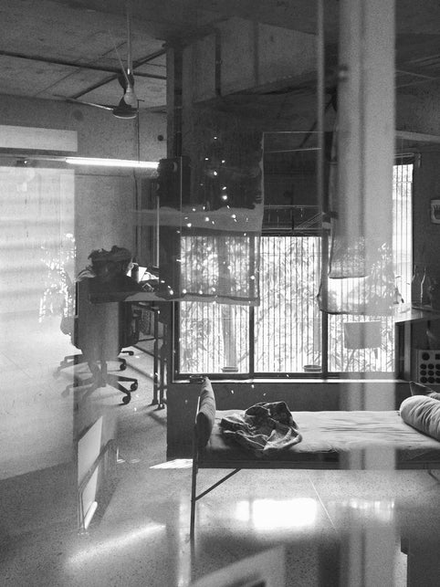 A black and white photo of a living room