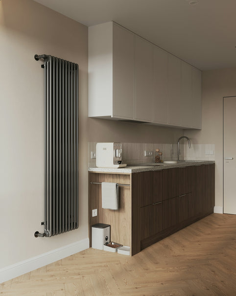 A kitchen with a radiator and a sink