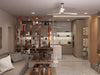 A modern living room with open kitchen and divider.