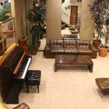A lobby features a piano, sofas, and plants.