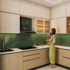 Modern kitchen with green subway tile backsplash