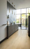 Modern kitchen with dark cabinets and large glass doors.