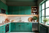A modern green kitchen with stainless steel appliances.