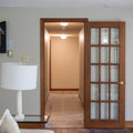 A hallway seen through a glass-paneled door.