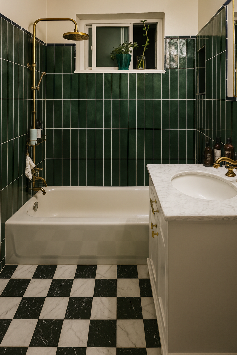 Green & White Bathroom with Brass Elegance