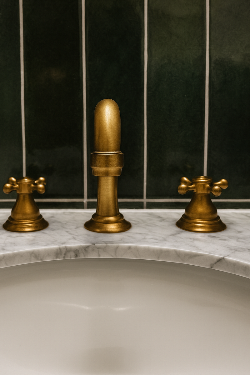 Green & White Bathroom with Brass Elegance