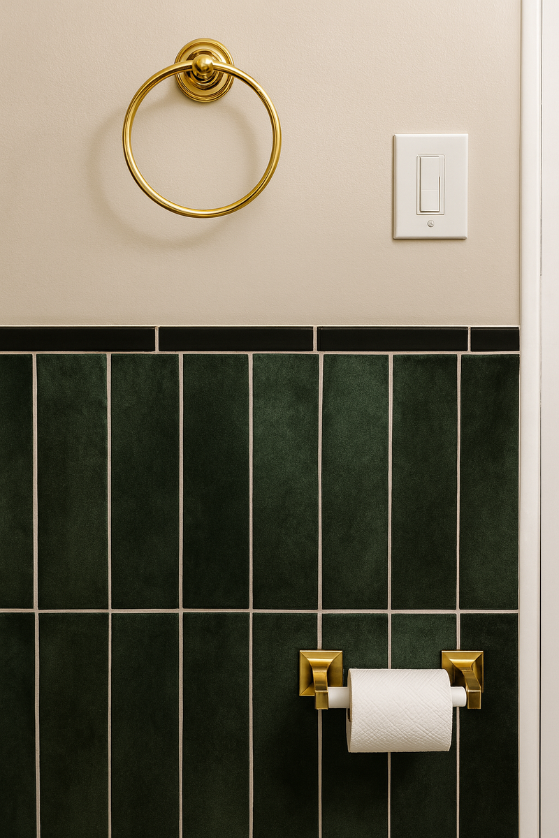 Green & White Bathroom with Brass Elegance